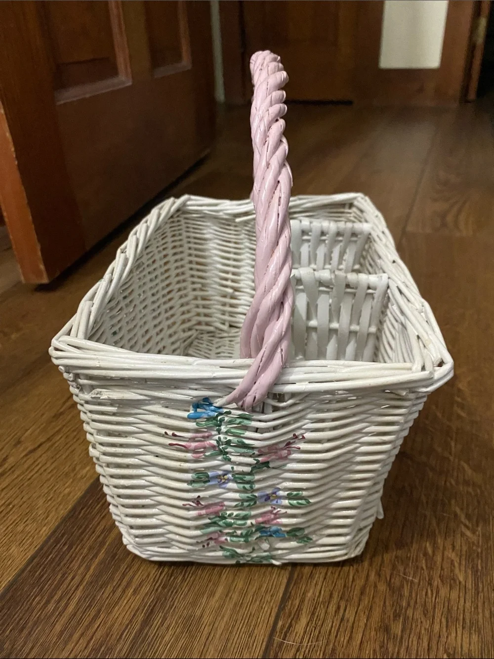 Vintage shabby chic white and pink utensil caddy basket